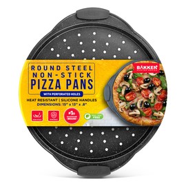Bakken Pizza Baking Pan - Round Perforated Carbon Steel Pan with Non-Stick Marble Coating, Oversized Silicone Handle, Dishwasher Safe, High-Temperature Resistant, Durable & Easy Cleanup Gray