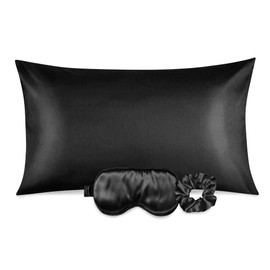Ciana Luxurious Satin Pillowcase for Hair and Skin, Satin Pillowcase Set-2, 1 Eye Mask, 1 Scrunchie - Luxury Sleep Set, Pillow Case with Envelope Closure (Queen Size, Black)