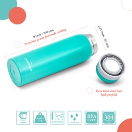 GrandTies Kids Insulate Water Bottle- 17oz Lightweight Stainless Steel Vacuum Water Bottles, Leak-Proof, Double Walled Thermal Tumbler Keep Beverages Hot or Cold for Men & Women- (Turquoise)