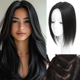 HVVZOY Hair Toppers for Women Real Human Hair,360°3D Big Basement Cover Topper for Women with Thinning Crown with Side Clip in Bangs Realistic Scalp (1B, 3D Side Bangs 14INCH)