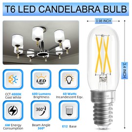 GvvooHome E12 Candelabra Bulb Dimmable, 6W Equal 60W Neutral White 4000K, T6 T25 E12 LED Bulb 60 watt for Chandeliers, Ceiling Fan, 90+CRI 600LM, e12 Light Bulbs, 6 Pack