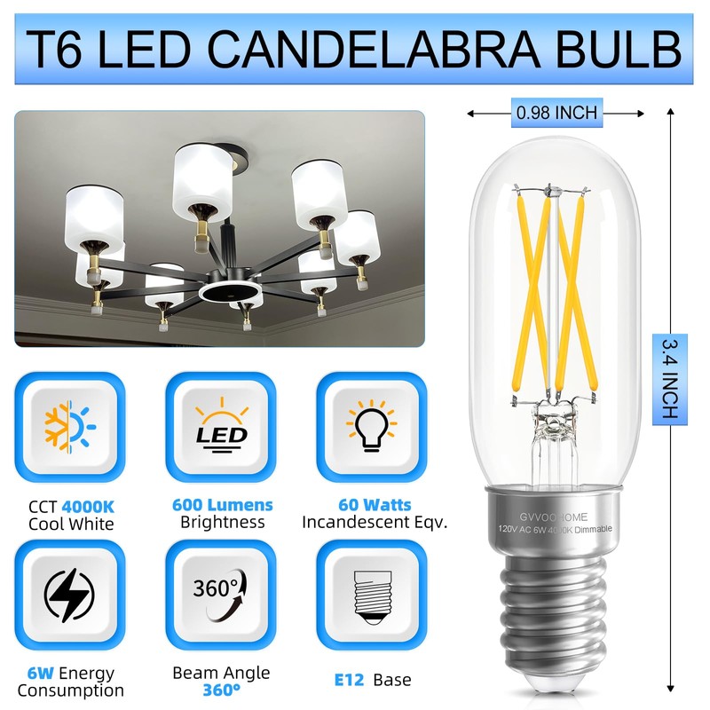 GvvooHome E12 Candelabra Bulb Dimmable, 6W Equal 60W Neutral White