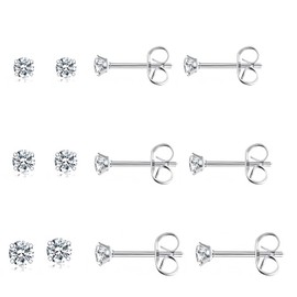 3 Pairs Sterling Stud Earrings for Women Cubic Zirconia Hypoallergenic Stud Earrings Small Cartilage Stud Earrings Set Tiny Stud Earrings With Cubic Zirconia for Girls Women Men(Size:3/4/5mm) (Silver)