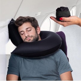 CANDY CANE Travel Pillow Inflatable Innovative Design Neck and Chin Support for Airplanes, Car and Home, Carry Bag, Hand Wash (Black)