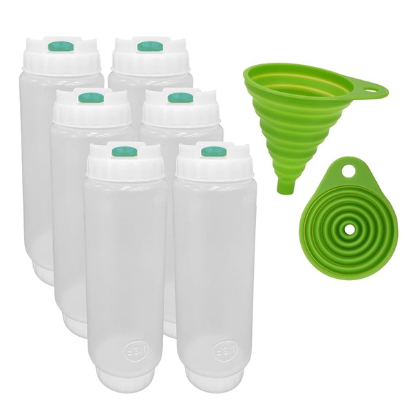 FIFO Botella exprimible recargable (paquete de 6) dispensador verde para condimentos finos, salsas, líquidos, aceites y aderezos con embudo flexible (verde)