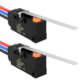 Joinfworld Waterproof Micro Limit Switch with Long Straight Hinge Lever SPDT 3 PIN 10A 125 250V Micorswitch with Pre-Wired for Arduino, Appliance and Electronic - 2Pack