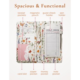 Mymazn Server Book with Zipper and Magnetic Pocket, Cute Waitress Book Server Booklet, Serving Book Fits Server Apron with High Volume Pocket, Vintage Floral
