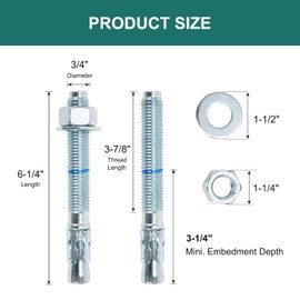 3/4" x 6-1/4" Concrete Anchors (10 Pack) 3/4 inch Wedge Anchors Bolts Zinc Plated