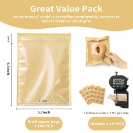MSBS Packing 100 Pack Self Sealing Cookie Bags with Seal, 5.7x6.5 Inch Kraft Paper Bakery Bags with Window, Grease Resistant To Go Sleeves for Bake Sale Pastry, Brownie, Treat, Baked Goods Packaging