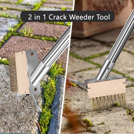 mcwdoit Crack Weeder Tool, Weed Puller Tool with 2 Heads&Scraping Hook, Paver Weeding Moss Remover Brush with Steel Handle for Cleaning Paving Joint Sidewalk Patio Stone Driveway Deck Black