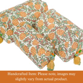 Saffron Marigold Quilted Floral Makeup Bag Set – Pineapple Grove Pattern 3 Sizes, Waterproof Lining, Make Up Travel Cosmetic & Toiletry Bags For Traveling Women