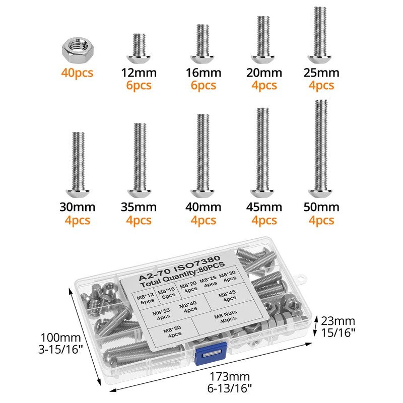 QWORK® 80Pcs M8 Bolts and Nuts Set, 304 Stainless Steel,