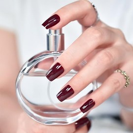 Uñas postizas de color rojo burdeos para prensar - Uñas postizas de uso diario con acabado marrón vino oscuro - Uñas postizas acrílicas reutilizables 