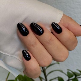 KQueenest Acrylic Press on Nails Short Oval, Black False Nails Short Almond, Glossy Solid Color Round Fake Nails Set, Reusable Natural Gel Stick on Nail for Women Finger Daily Wear 24 Pcs