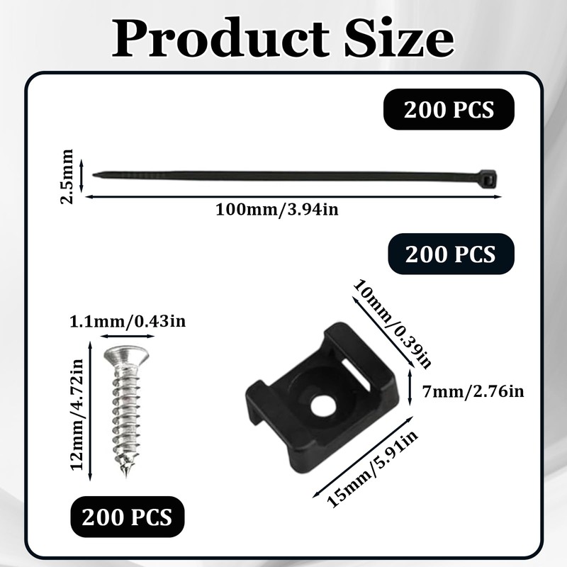 Pack of 600 Screw-On Cable Ties Holder, Cable Fastening, Cable