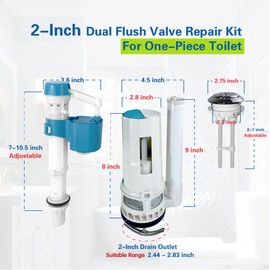 NANABIMIC 2-Inch Top Dual Flush Valve Repair Kit for One Piece Toilet (10"-13" Tank Height) - Fits 2.44"-2.83" Drain Holes | Includes 2-Inch Flush Valve, 2.2" Thread Push Button, Fill Valve