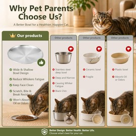 ChefBee Stainless Steel Cat Bowls - 4PCS 6.7" Metal Flat Shallow Wide Whisker Friendly Cat Food Water Feeding Bowl Dishes, Plates, Basic Indoor Pet Food Tray for Multicats, Kittens, Easy to Clean