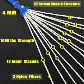 VVAAGG 1000lb Paracord Rope 100FT, 4mm Parachute Cord Utility Heavy Duty 12 Strand Nylon Rope for Climbing Camping, Tent, Clothsline, Outdoor Hiking, Fishing (Blue, 100FT)