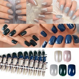 LINSSQ Pre-design Press on Nails Glossy Solid Blue Grey Nail Art Tips Medium Short Squoval False Nails Reusable Acrylic Salon Manicure Kits Fake Fingernails 5 Packs