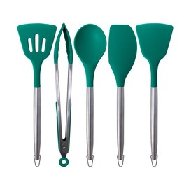 Premium Steel/Silicone Cooking Utensil Set of 5, Kitchen Utensils Set, Non-Stick Utensils Set, High Heat Resistance Utensils for Cooking, Perfect Kitchen Utensils Set for Cooking - Sea Green