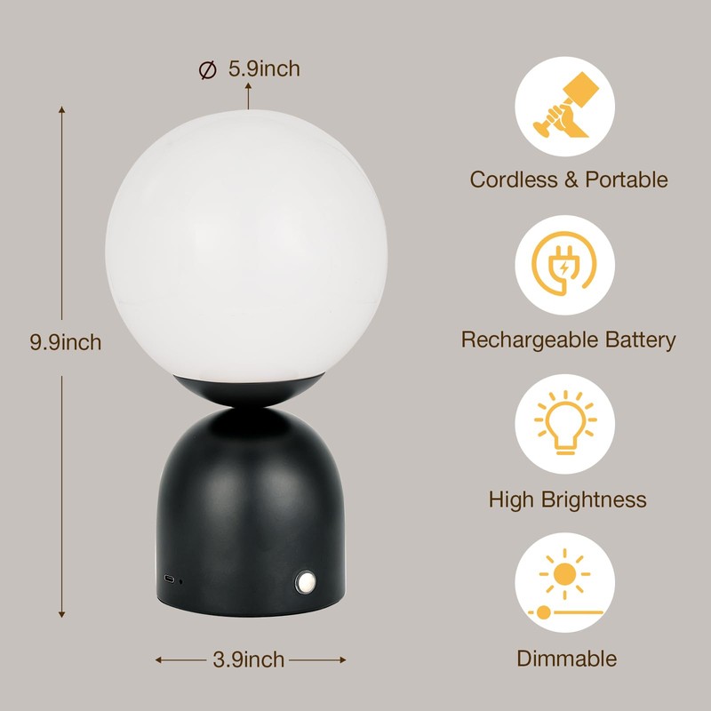 Folux Cordless Globe Glass Table lamp Black, 5200-mAh Rechargeable Orb