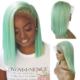 Ubetta Mint Green Lace Front Bob Wig Human Hair, 13x6 Lace Front Wigs Human Hair Pre Plucked Light Green Bob Wigs for Women 10 Inch 180% Density Bleachd Knots Swiss HD Lace Melted into Skins