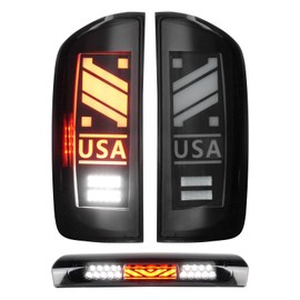 LED Tail Lights Assembly + 3rd Third Brake Cargo Lamp Fit for Dodge RAM 1500 2007-2008, for Dodge RAM 2500 3500 2007-2009 Pickup Truck [Factory Halogen Type], High Mount Stop Light, Smoked Lens, 3 Pcs