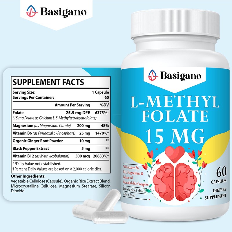 Basigano 15mg L Methylfolate (5-MTHF)- Active Folic Acid-Enriched with Vitamins