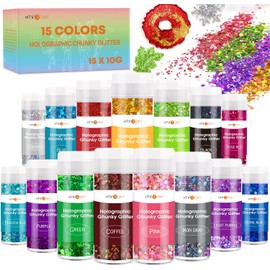 YUAKUOD T Brillo holográfico Grueso para Resina, 150 g, 15 Colores, Purpurina para Manualidades, Juego de Purpurina no tóxica para Resina epoxi, Purpurina Gruesa para Vasos, Cuerpo, Cara, uñas