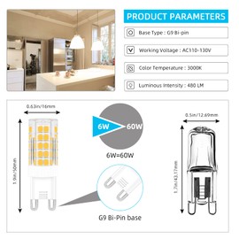 TZHILAN G9 LED Bulb, 6W (60W Halogen Equivalent),110V-130V, G9 Base Dimmable for Home Lighting,Warm White 3000K,Pack of 5