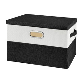 Valease Large Linen Fabric Foldable Storage Bins with Removable Lid and Handles, Washable Storage Box Organizer Containers Baskets Cube with Cover for Bedroom,Closet,Office (Black&White, Medium)