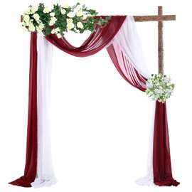 Wedding Arch Drapes Chiffon Fabric Drapery 18Ft Arch Drapping Fabric Sheer Backdrop Curtain Decoration for Bridal Ceremony Reception Party Outdoor Indoor Decor (2 Panels, White & Burgundy)