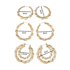 3 Pairs Gold Tone Large Bamboo Style Hoop Earrings for Women Girls Round Circle Statement Hip-Hop Earrings, Metal, alloy