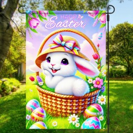 BlissYard Happy Easter Garden Flag Rabbit Bunny Garden Flag 12x18 Double Sided Yard Outdoor Flag Floral Flower Seasonal Decors for Spring Farmhouse Holiday Outside Outside Decorative Banner