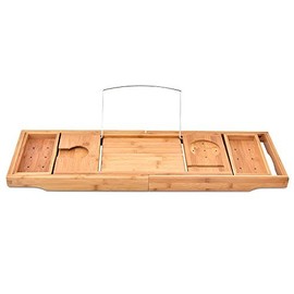 YYY Luxury Extendable Bamboo Bathtub Caddy Tray, Adjustable Tablet, Phone Holder/Wine Glass Slot/2 Towel Tray