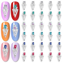 JERCLITY 30pcs 3D Silver Nail Charms Triangle Nail Charms Inlay 6 Color Drop Shape Gemstones Hollow Out 3D Nail Jewels for Acrylic Nails Jewelry Making Nail Art Accessories for Women Nail Decoration