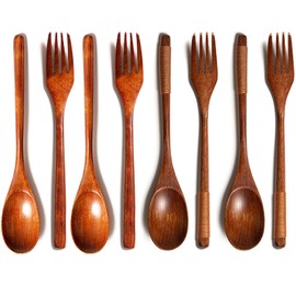 Pack of 8 Wooden Cutlery, Wooden Fork, Wooden Spoon, Wooden Spoon, Wooden Kitchen Utensils, Reusable Natural Wooden Spoon Fork Set, for Party, Banquet, Buffet, Catering, Everyday Life, Brown (Random