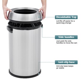 WELYFE 17 Gallon Open Top Trash Can, Round Stainless Steel Trash Can, Commercial Grade 65 Liter Trash Can, Suitable for Business, Restaurants, Offices and Kitchens