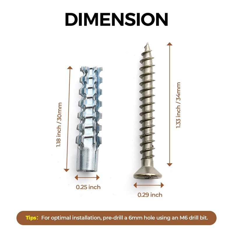 6PCS Heavy Duty Steel Wall Anchor with Screws, Stripped Screw
