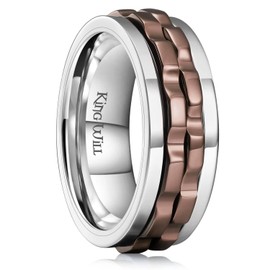 King Will Mens Silver Gear Spinner Rings Stainless Steel Fidgets Two Gear Brown Coffee Color Fidget Ring High Polish Anxiety Ring For Men Women Wedding Band 11.5