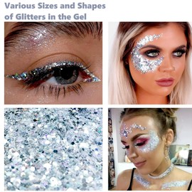 Beliky Girl Body Glitter Gel, 50ML Face Glitters Body Gel Sequins Shimmer Liquid Eyeshadow, Mermaid Sequins Liquid Holographic Glitter Gel, Chunky Glitter for Face Hair Nails (Silver)