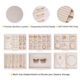 Vlando 6-Drawer Jewelry Box with Glass Lid, Faux Leather Organizer for Rings, Earrings, Necklaces and More, Gift-Ready Jewelry Case for Women Girls or Moms, Pink Beige