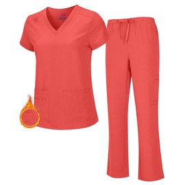 M&M SCRUBS Women's Breathable Cool Stretch Fabric Scrub Top and cargo Pant Set (Coral, Large)
