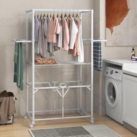 Tangkula Foldable Clothes Drying Rack, 68.5" Aluminum Laundry Rack with Hanging Rods & Drying Shelves, Universal Wheels with Brakes, Indoor Outdoor Garment Rack for Household Use (White)