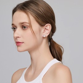 Miaofu Cat Stud Earrings, Pearl Earrings 18K White Gold, Plated 925 Sterling Silver Pearl Earrings, Hypoallergenic Pearl Earrings Hanging with Zirconia 8 - 13 mm Precious Jewellery for Women, Sterling Silver, Pearl