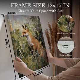 Voxitura Farmhouse Fox Wall Art Canvas, Vintage Cottage Wall Decor Living Room Bathroom, Rustic Floral Paintings Pictures Prints Framed Decorations for Bedroom Kitchen 12x15in