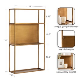 Kate and Laurel Nomi Modern Metal Bathroom Wall Shelf, 18 x 6 x 32, Gold, Contemporary Sleek Tiered Metal Shelves for Wall Decor, Display, and Over-The-Toilet Storage