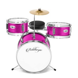 Ashthorpe 3-Piece Complete Drum Set - Beginner Kit with 14" Bass, Adjustable Throne, Cymbal, Pedal & Drumsticks - Pink