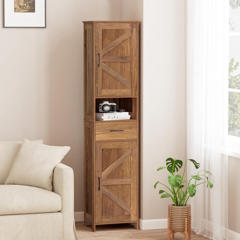 Homhedy 67" H Tall Bathroom Storage Cabinet with Barn Doors