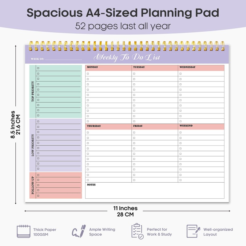 Taja Weekly To Do List Notepad with 52 Undated Sheets（8.5"×11"）-